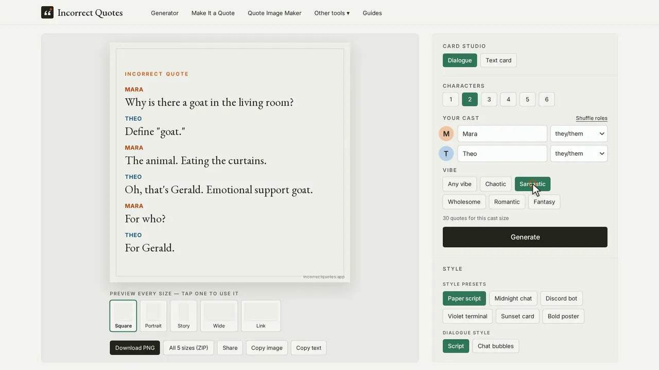 Incorrect Quotes Generator 中的对话语录卡片预览。